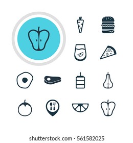 Vector Illustration Of 12 Meal Icons. Editable Pack Of Pizzeria, Lime, Veggie And Other Elements.