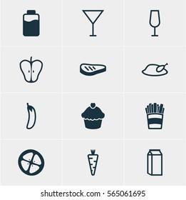 Vector Illustration Of 12 Meal Icons. Editable Pack Of Goblet, Love Apple, Potato And Other Elements.