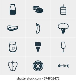 Vector Illustration Of 12 Meal Icons. Editable Pack Of Jonagold, Cake, Juice And Other Elements.