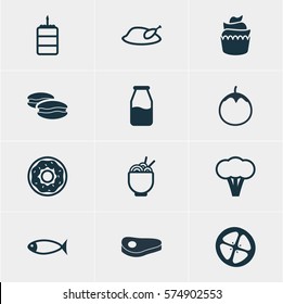 Vector Illustration Of 12 Meal Icons. Editable Pack Of Love Apple, Cake, Sirloin And Other Elements.