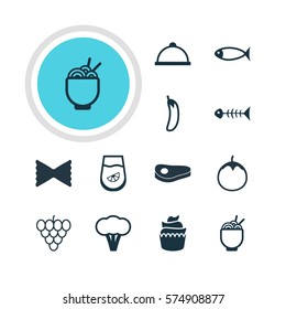 Vector Illustration Of 12 Meal Icons. Editable Pack Of Cotton, Platter, Seafood And Other Elements.