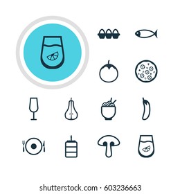 Vector Illustration Of 12 Meal Icons. Editable Pack Of Pastry, Pizzeria, Eggplant And Other Elements.