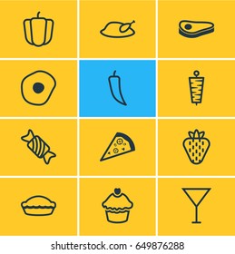 Vector Illustration Of 12 Meal Icons. Editable Pack Of Muffin, Bulgarian Vegetable, Beefsteak And Other Elements.