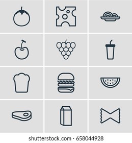 Vector Illustration Of 12 Meal Icons. Editable Pack Of Bunch Of Grapes, Eggplant, Cheddar And Other Elements.