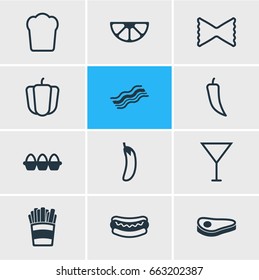 Vector Illustration Of 12 Meal Icons. Editable Pack Of Macaroni, Beefsteak, Aubergine And Other Elements.