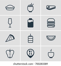 Vector Illustration Of 12 Meal Icons. Editable Pack Of Flan, Restaurant, Pizza Slice And Other Elements.