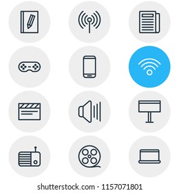 Vector illustration of 12 media icons line style. Editable set of writing, movie reel, game controller and other icon elements.