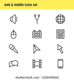 Vector illustration of 12 media icons line style. Editable set of computer mouse, movie, website and other icon elements.