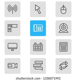 Vector illustration of 12 media icons line style. Editable set of net, webcam, arrow and other icon elements.