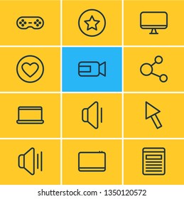 Vector illustration of 12 media icons line style. Editable set of favorite, tablet, like and other icon elements.