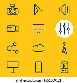 Vector illustration of 12 media icons line style. Editable set of camcorder, cloud, share and other icon elements.