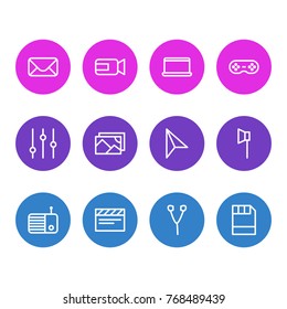 Vector Illustration Of 12 Media Outline Icons. Editable Set Of Video Cam, Fm, Clapperboard And Other Elements.
