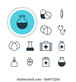 Vector Illustration Of 12 Medical Icons. Editable Pack Of Round Tablet, Medicine Jar, Vaccinator And Other Elements.