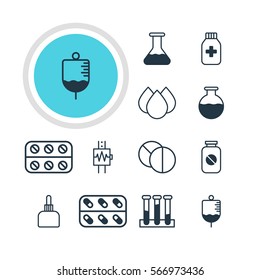 Vector Illustration Of 12 Medical Icons. Editable Pack Of Trickle, Flask, Round Tablet And Other Elements.
