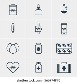 Vector Illustration Of 12 Medical Icons. Editable Pack Of Heart Rhythm, Medicine Jar, Medicament Pitcher And Other Elements.
