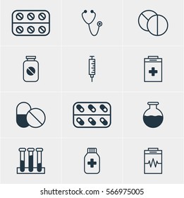 Vector Illustration Of 12 Medical Icons. Editable Pack Of Vial, Experiment Flask, Vaccinator And Other Elements.