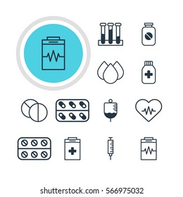 Vector Illustration Of 12 Medical Icons. Editable Pack Of Round Tablet, Vaccinator, Medicine Jar And Other Elements.