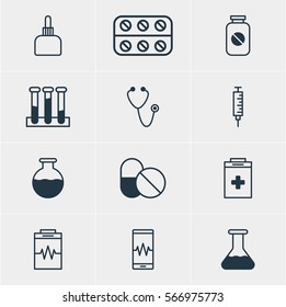 Vector Illustration Of 12 Medical Icons. Editable Pack Of Pulse, Medicament Pitcher, Vial And Other Elements.