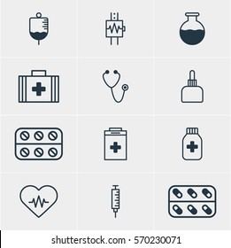 Vector Illustration Of 12 Medical Icons. Editable Pack Of Pulse, Vial, Medicine Jar And Other Elements.