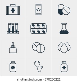 Vector Illustration Of 12 Medical Icons. Editable Pack Of Medicament Pitcher, Phone Monitor, Antibiotic And Other Elements.