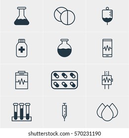 Vector Illustration Of 12 Medical Icons. Editable Pack Of Trickle, Round Tablet, Vial And Other Elements.