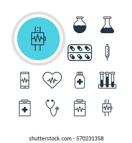 Vector Illustration Of 12 Medical Icons. Editable Pack Of Experiment Flask, Phone Monitor, Flask And Other Elements.