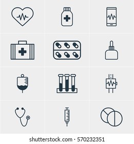 Vector Illustration Of 12 Medical Icons. Editable Pack Of Phone Monitor, Heart Rhythm, Medicine And Other Elements.