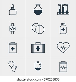 Vector Illustration Of 12 Medical Icons. Editable Pack Of Medicine Jar, Round Tablet, Medicament Pitcher And Other Elements.