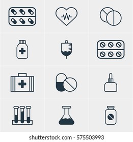 Vector Illustration Of 12 Medical Icons. Editable Pack Of Medicament Pitcher, Heart Rhythm, Round Tablet And Other Elements.