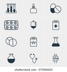 Vector Illustration Of 12 Medical Icons. Editable Pack Of Experiment Flask, Exigency, Heartbeat And Other Elements.