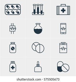 Vector Illustration Of 12 Medical Icons. Editable Pack Of Medicine Jar, Phone Monitor, Experiment Flask And Other Elements.