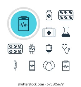 Vector Illustration Of 12 Medical Icons. Editable Pack Of Treatment, Flask, Heartbeat And Other Elements.