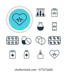 Vector Illustration Of 12 Medical Icons. Editable Pack Of Vial, Phone Monitor, Medicament Pitcher And Other Elements.