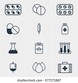 Vector Illustration Of 12 Medical Icons. Editable Pack Of Vaccinator, Experiment Flask, Trickle And Other Elements.