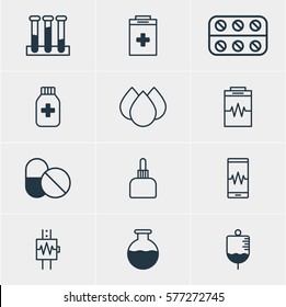 Vector Illustration Of 12 Medical Icons. Editable Pack Of Medicine Jar, Pills, Medicament Pitcher And Other Elements.