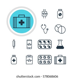 Vector Illustration Of 12 Medical Icons. Editable Pack Of Pills, Flask, Medical Bag And Other Elements.