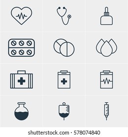 Vector Illustration Of 12 Medical Icons. Editable Pack Of Heart Rhythm, Medicament Pitcher, Pulse And Other Elements.