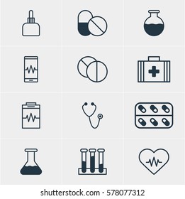 Vector Illustration Of 12 Medical Icons. Editable Pack Of Vial, Antibiotic, Round Tablet And Other Elements.