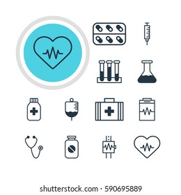 Vector Illustration Of 12 Medical Icons. Editable Pack Of Heartbeat, Vaccinator, Medicine And Other Elements.
