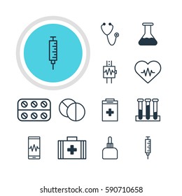 Vector Illustration Of 12 Medical Icons. Editable Pack Of Phone Monitor, Exigency, Flask And Other Elements.