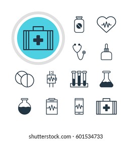 Vector Illustration Of 12 Medical Icons. Editable Pack Of Round Tablet, Treatment, Heart Rhythm And Other Elements.