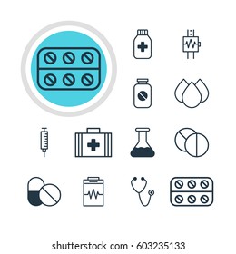 Vector Illustration Of 12 Medical Icons. Editable Pack Of Heartbeat, Round Tablet, Pills And Other Elements.