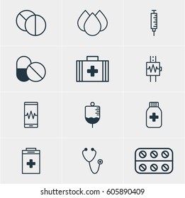 Vector Illustration Of 12 Medical Icons. Editable Pack Of Exigency, Medicine Jar, Round Tablet And Other Elements.