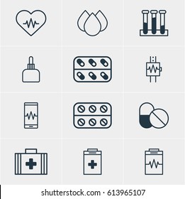 Vector Illustration Of 12 Medical Icons. Editable Pack Of Medicament Pitcher, Phone Monitor, Medical Bag And Other Elements.