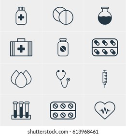 Vector Illustration Of 12 Medical Icons. Editable Pack Of Medicine Jar, Pulse, Round Tablet And Other Elements.