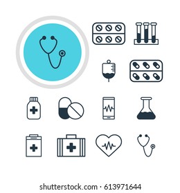 Vector Illustration Of 12 Medical Icons. Editable Pack Of Antibody, Heart Rhythm, Medicine And Other Elements.