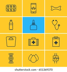 Vector Illustration Of 12 Medical Icons. Editable Pack Of Medical Bag, Trickle, Plastic Bottle And Other Elements.