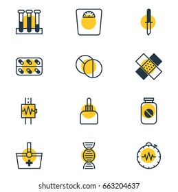 Vector Illustration Of 12 Medical Icons. Editable Pack Of Experiment Flask, Patch, Pipette And Other Elements.