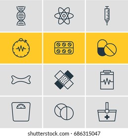 Vector Illustration Of 12 Medical Icons. Editable Pack Of Pressure Gauge, Vaccinator, Osseous And Other Elements.