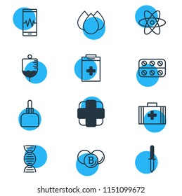 Vector illustration of 12 medicine icons line style. Editable set of first aid box, serum, atom and other icon elements.